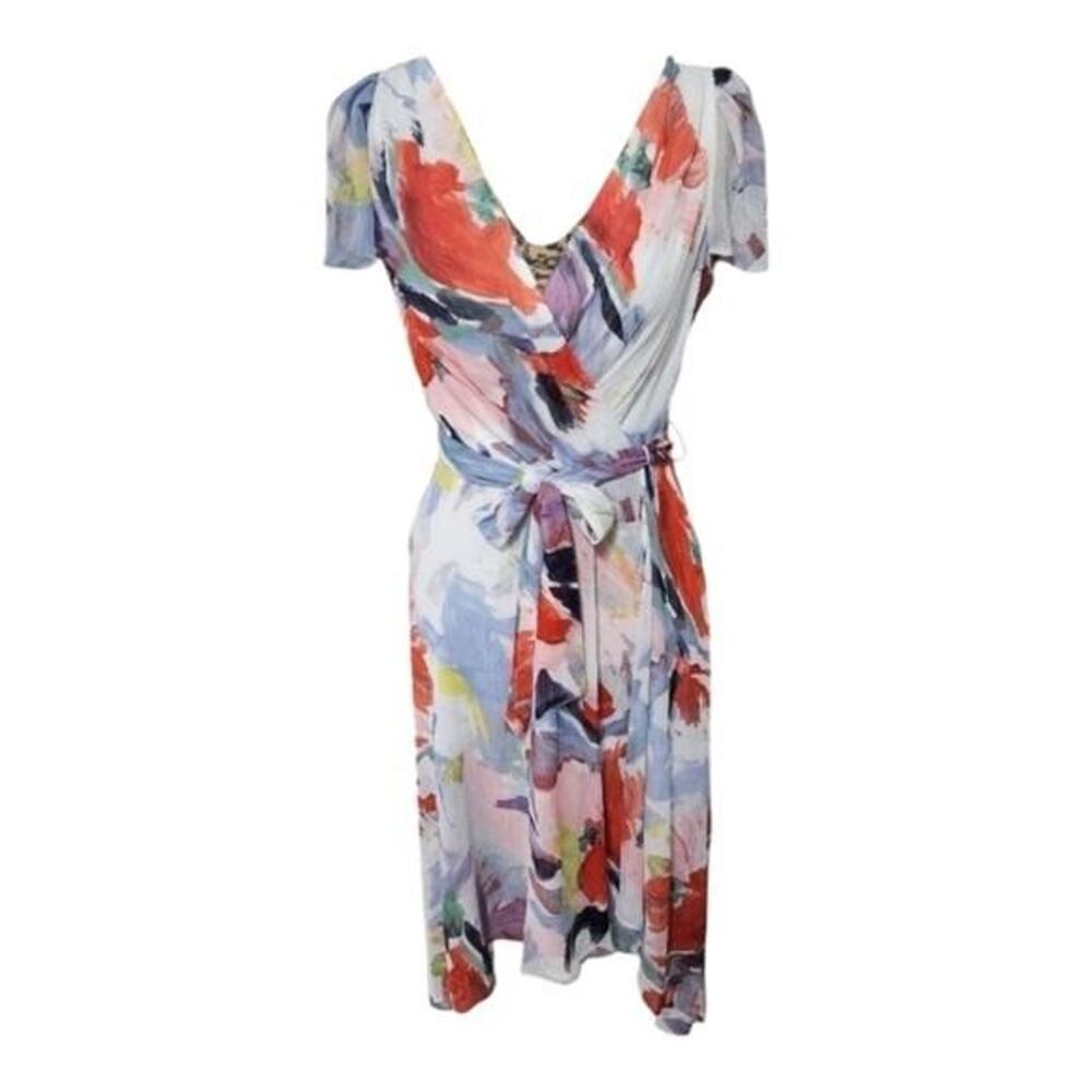 DKNY Wrap Dress Watercolor Floral Print Midi Short Sleeve Tie Waist Size 6